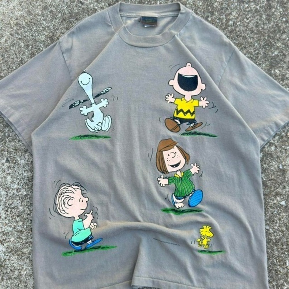 Vintage 90s Peanuts Snoopy Charlie Brown AOP Shirt Gray Size L (d1)